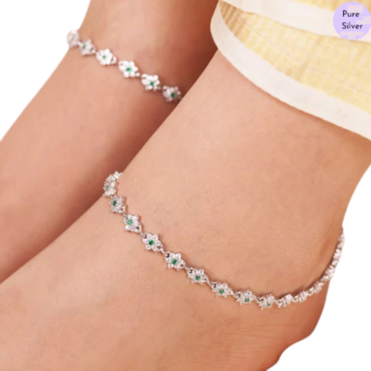 Floral Green Cz Rhodium Plated 925 Sterling Silver Anklet By Kesardeep Impex For Women